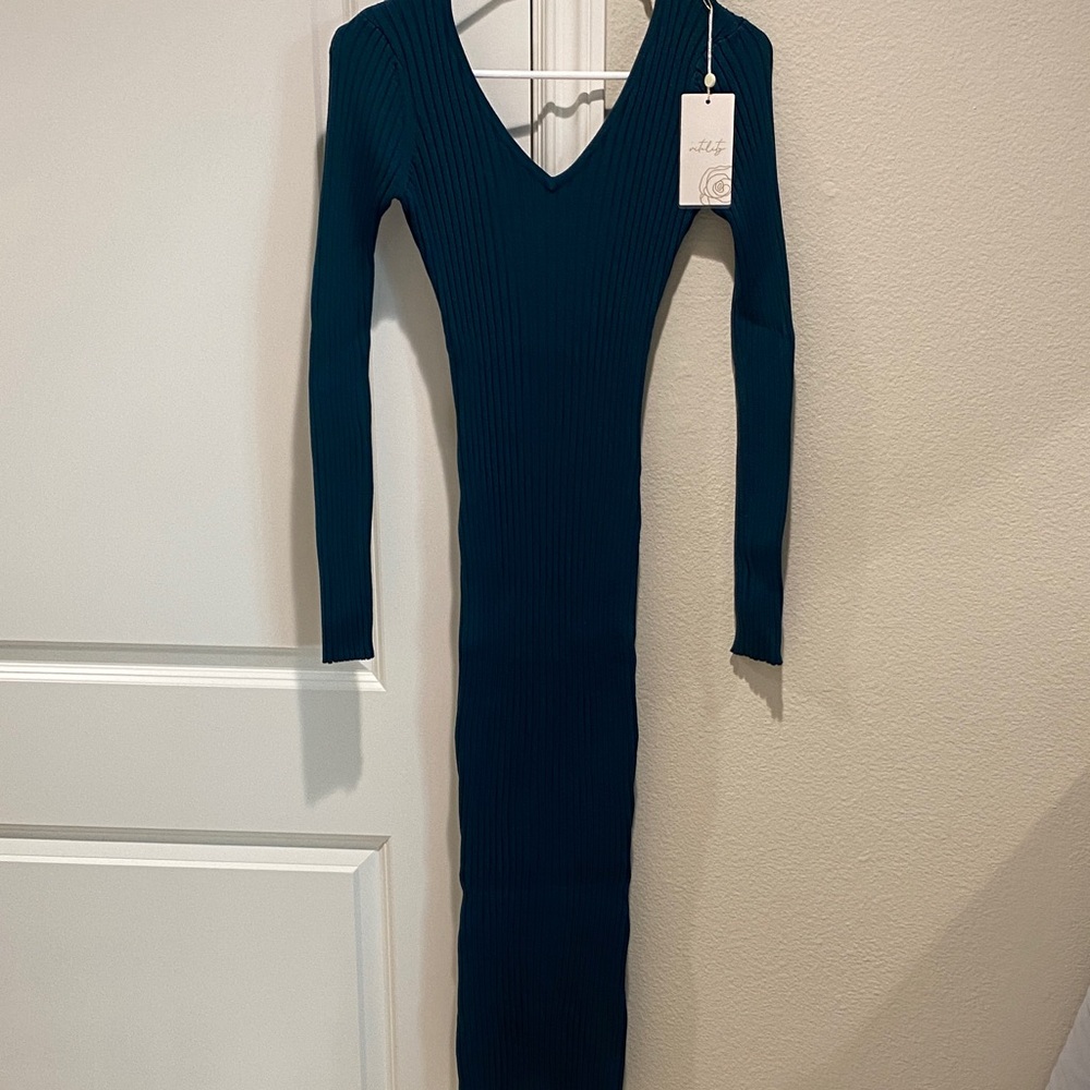 Elegant Teal Long Sleeve Sweater Dress